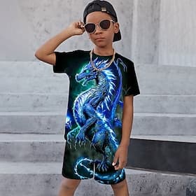 Chico 3D Graphic Animal Dragón Camiseta y Bermudas Conjuntodecamiseta Conjunto de Ropa Manga Corta Impresiones 3D Verano Primavera Activo Deportes Moda Niños