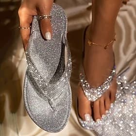 Women's Silver Glitter Flip Flop Sandals with Rhinestone Embellishments - Sparkly Summer Beachwear for Parties and Special Occasions