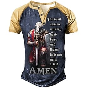 Men's Short Sleeve Henley Graphic Tee: 'The Devil Saw Me With My Head Down Until I Said AMEN' Motivational 3D Print for Lifestyle  Resilience