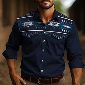 Men's Tribal Graphic Prints Vintage Shirt Western Shirt Cowboy Shirt Long Sleeve Fashion Designer Casual Outdoor Daily Fall  Winter Turndown Print Black Navy B