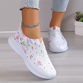 weiße Slip-On-Sneaker für Damen mit Blumenprint und Strasssteinen für die Freizeit