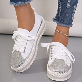 Women's Sneakers Flats Bling Bling Shoes Plus Size Platform Sneakers Party Outdoor Daily Solid Color Summer Rhinestone Flat Heel Round Toe Fashion Casual Minim
