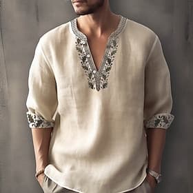 Men's Ethnic Shirt Linen Shirt Long Sleeve Fashion Streetwear Designer Outdoor Daily Going out Spring Summer Stand Collar Print Blue BlackBlack Yellow Light G
