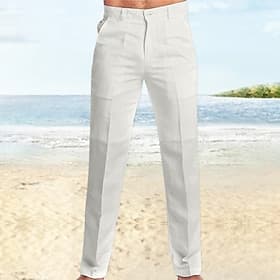 Men's Linen Pants Trousers Dress Pants Summer Pants Beach Pants Straight Leg Plain Comfort Outdoor Casual Daily Streetwear Stylish Black White