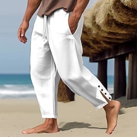 Men's Linen Pants Trousers Summer Pants Beach Pants Drawstring Elastic Waist Buttons Plain Comfort Breathable Full Length Casual Daily Holiday Fashion Classic thumbnail 2