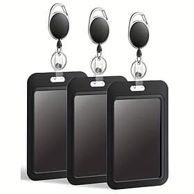 Sliding Badge Holder Hard Black Vertical Plastic Card Case Protector With Retractable Badge Reel Carabiner For Office School ID Credit Proximity Key Card Drive