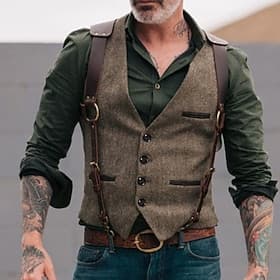 Men's Western Vest Waistcoat Outdoor Party / Evening Camping  Hiking Festival Vintage Casual Polyester Solid Colored Single Breasted One-button V Neck Slim Bla