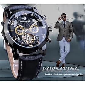 FORSINING Men Mechanical Watch Luxury Large Dial Fashion Business Calendar Date Date Week Leather Watch