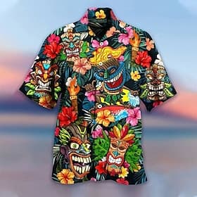 Men's Cartoon Mask Tropical Plants Summer Hawaiian Shirt Camp Collar Shirt Aloha Shirt Short Sleeve Shirt Turndown Fashion Hawaiian Designer Casual Daily Outdo