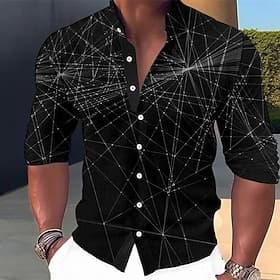 Herren Hemd Kleidhemd Geometrisches Muster Outdoor Lässig Blau Blau-Grün Braun Grün Langarm Stehkragen Sommer Frühling Bekleidung Druck
