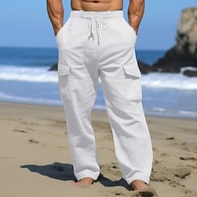 Men's Cargo Pants Trousers Summer Pants Beach Pants Drawstring Multi Pocket Straight Leg Plain Comfort Breathable Outdoor Daily Going out Fashion Casual Black