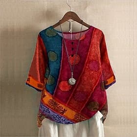 Women's Plus Size Linen Shirt Boho T-shirt T Shirt Streetwear Casual Color Block Striped Print Half Sleeve Regular Tops Crew Neck Daily Sports Weekend Red Blue