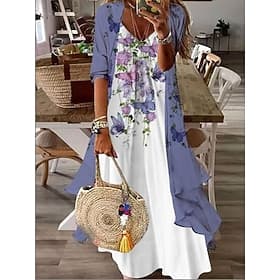 Women's Dress Set Casual Dress Print Dress Fashion Casual Floral Print Long Dress Maxi Dress 3/4 Length Sleeve V Neck Daily Outdoor Blue Pink Sky Blue Summer S
