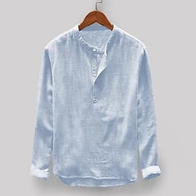 Men's Shirt Linen Shirt Summer Shirt Beach Wear Band Collar Shirt Solid Color Vacation Casual Light Blue Black White Light Grey Half Sleeve Collar Clothing App