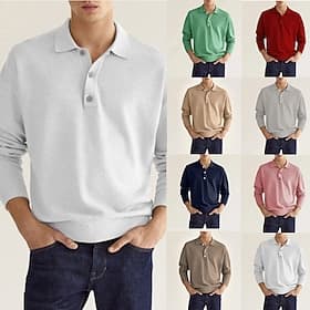 Men's Golf Shirt Knit Polo Casual Daily Polo Collar Classic Long Sleeve Fashion Casual Solid Color Plain Button Front Simple Spring   Fall Regular Fit Black Wh