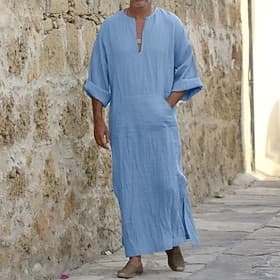 Men's Shirt Thobe Djellaba Summer Shirt Tunic Shirts Qamis Black / Gray White Dusty Blue Green Long Sleeve Plain V Neck Street Daily Clothing Apparel Cotton Ca