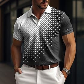 Men's Geometric Waffle Polo Shirts Golf Shirt Short Sleeve Polo Shirts Collared Shirts Business Casual WorkWear Formal Wear Festival Wear 3D Print Buttons Blue