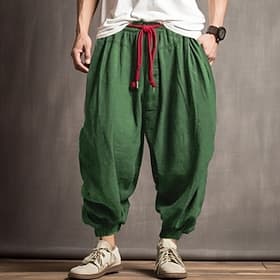 Men's Linen Pants Trousers Summer Pants Bloomers Drawstring Elastic Waist Drop Crotch Plain Comfort Soft Outdoor Daily Going out Fashion Casual Army Green Navy