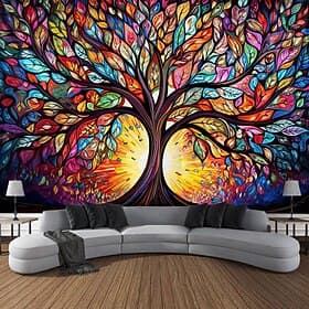 l.t.home Wandteppich mit Lebensbaum, zum Aufhängen, Buntglas, farbenfrohe Wandkunst, großer Wandteppich, Wanddeko, Fotohintergrund, Decke, Vorhang, Dekoration