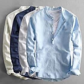 Men's Linen Shirt Popover Shirt Summer Shirt Beach Wear Casual Shirt Band Collar Shirt Plain Casual Daily Black White Pink Orange Long Sleeve Collar Spring Su