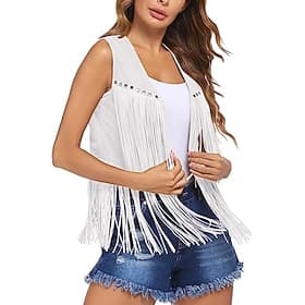 Rétro Vintage Franges Années 1960 Gilet en daim Déguisement Années 70 Femme Tenues Années 70 Hippie Frange à pompons Couleur Unie Déguisement Femmes Carnaval F