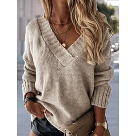 Women's Sweater Solid Color Casual Long Sleeve Loose Sweater Cardigans V Neck Fall Winter Blue White Black / Holiday