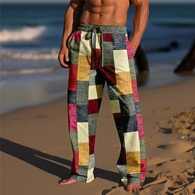 Men's Trousers Summer Pants Beach Pants Drawstring Elastic Waist 3D Print Color Block Geometric Pattern Graphic Prints Comfort Casual Daily Holiday Streetwear
