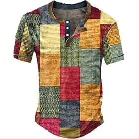 Men's Graphic Plaid Color Block Waffle Henley Shirt Short Sleeve 3D Print Vintage Fashion Designer Outdoor Daily Summer White Red Blue Orange Khaki Henley Henl