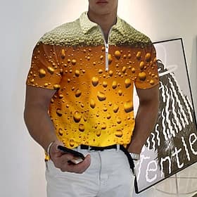 Oktoberfest Men's Polo Shirt Lapel Polo Zip Polo Golf Shirt Graphic Prints Beer Turndown Blue-Green Yellow Wine Blue Green Outdoor Street Short Sleeves Zipper