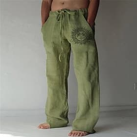 Men's Linen Pants Trousers Summer Pants Beach Pants Print Straight Leg Graphic Sun Soft Outdoor Full Length Home Casual Daily Fashion Streetwear White Blue Mic
