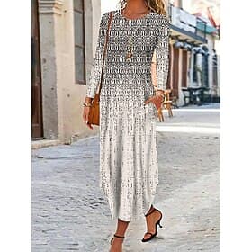 Women's Maxi Dress Ethnic Dress Print Dress SpringDress Vintage Ethnic Tribal Outdoor Vacation Daily Regular Fit Floral Tribal Long Sleeve Crew Neck White Yel