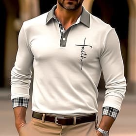 Men's Faith Polo Shirts Golf Shirt Long Sleeve Polo Shirts Collared Shirts Business Casual WorkWear Formal Wear Festival Wear 3D Print Buttons Black White Wine