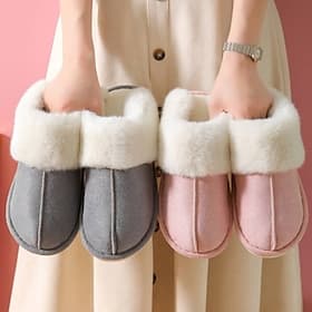 Women's Cozy Fleece-Lined Slippers with Faux Fur Collar - Warm Indoor Winter House Shoes in Pink and Gray