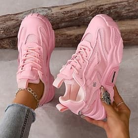 Women's Pink Chunky Mesh Sneakers - Trendy Athletic Casual Shoes for Walking and Running