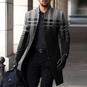 Men's Plaid Gradual Winter Coat Overcoat Coat Warm Comfortable Breathable Fashion Streetwear Business Work Wear to work Going out Pocket Print Fall  Winter Tur
