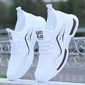 Men's White Breathable Running Shoes – Lightweight Athletic Sneakers with Knit Upper and Cushion Sole for Sports and Casual Wear