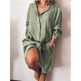 Femmes Robes effet lin Robe Chemise Basique Occasionnel Quotidien Coupe régulière Uni manche longue Col de chemise Bleu Noir Jaune Rouge Printemps  Automne