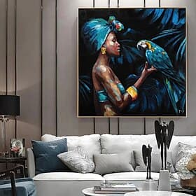 Large Handmade African Woman painting Hand Painted Oil Painting Wall Art Nordic Parrot African Woman Canvas Abstract Painting Wall Art Pictures home Decor Roll