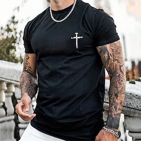 Männer Schwarz Kurzarm T-Shirt mit Nagel Kreuz Grafik - Christlicher Glaube Rundhals Shirt