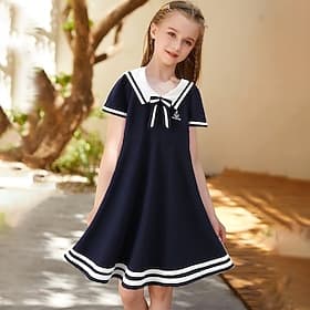 Enfants Fille Robe marinière Lettre Manche Courte Ecole Extérieur Casual Brodée Mode du quotidien basique Coton Mi-long Robe casual Robe Trapèze Robe d'été Eté