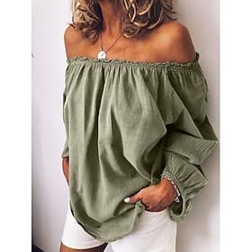 Women's Shirt Cotton Linen Shirts Blouse Long Cotton Top Plain Daily Basic Long Sleeve Off Shoulder Regular Tops Casual Blue Yellow Army Green Red Purple Fall