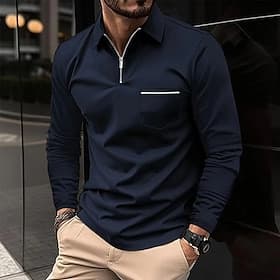 Men's Polo Shirt Zip Polo Outdoor Casual Lapel Quarter Zip Long Sleeve Fashion Basic Solid / Plain Color Quarter Zip Spring   Fall Regular Fit Black White Pink