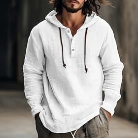 Men's Shirt Linen Shirt Calico Shirt Hooded Shirt Stripes Casual Daily White Blue Brown Green Long Sleeve Hooded Spring  Summer Clothing Apparel