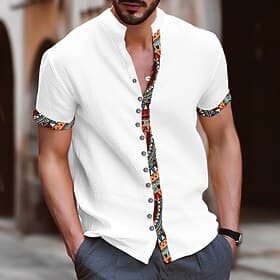 Men's Tribal Vintage Shirt Button Up Shirt Short Sleeve Fashion Streetwear Designer Vacation Street Daily Summer Spring Stand Collar Print Blue-Green White Nav