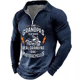 Men's Long Sleeve Graphic T-Shirt: 'Some Grandpas Play Bingo, Real Grandpas Ride Motorcycles' Funny Biker Grandpa Zipper Collar