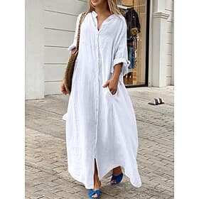 Women's Maxi long Dress Maxi Dress Linen-feel Dresses Shirt Dress White Dress Black Dress Fashion Daily Classic Daily Outdoor Vacation Loose Fit Plain Long Sle
