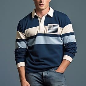 Men's Striped Rugby Polo Shirts Long Sleeve Polo Shirts Zip Casual Outdoor Streetwear Casual Daily 3D Print Fall  Winter Navy Blue Green Dark Blue