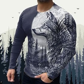 Herre Dyr Ulv Grafiske trykk T skjorte Grafiske T-skjorter Langermet T skjorte 3D-utskrift Crew-hals Skjorte Designer Grunnleggende Fritid Daglig utendørs Feri