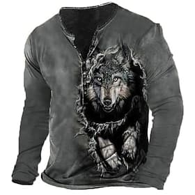 Herren Grafik Wolf Henley Hemd Langarm 3D-Druck Mode Täglich Lässig Lässig Ferien Ausgehen Frühling Herbst Grün Armeegrün Dunkelblau Dunkelgray Henley Henley