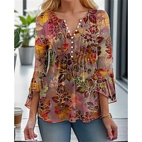T-shirt femme blouse Henley mode imprimé floral à boutons manches 3/4 tops réguliers col rond décontracté vacances rouge bleu violet vert printemps et automne